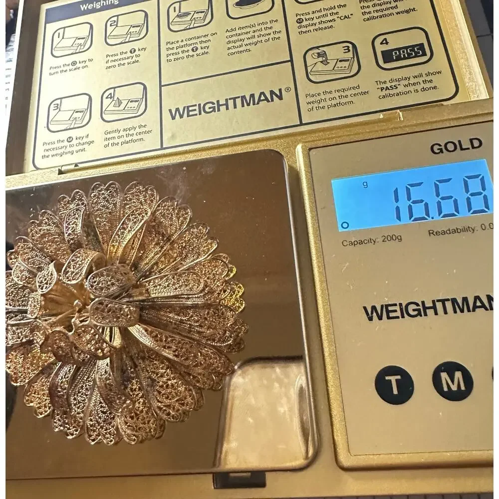 Antique 800 silver gold vermeil filigree large 3D flower brooch signed 16.68g - Picture 10 of 10